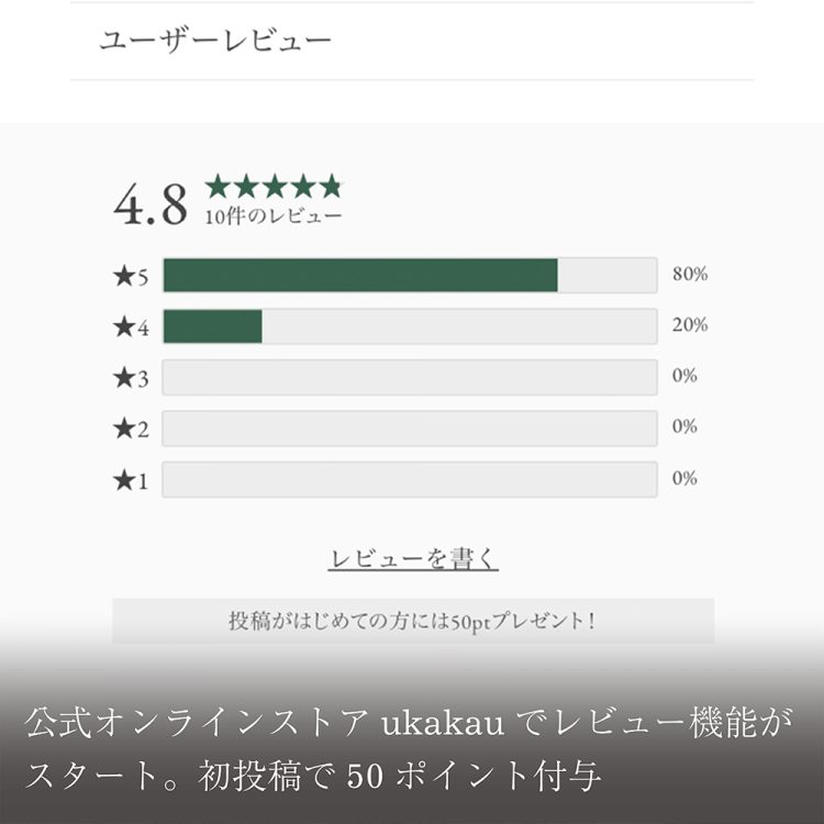 公式オンラインストアukakauでレビュー機能がスタート。初投稿で50ポイント付与画像